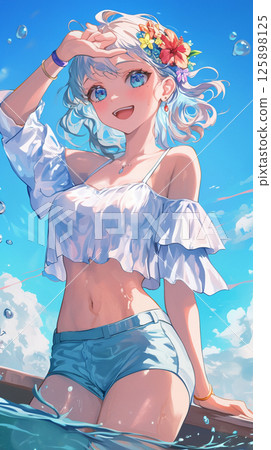 Tanned blonde woman with ocean background 125898125