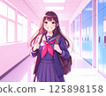 一名身穿校服、微笑的女學生站在學校走廊裡 125898158