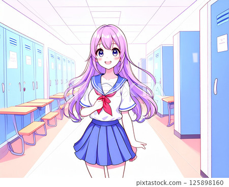 一名身穿校服、微笑的女學生站在學校走廊裡 125898160