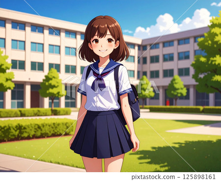 一名身穿夏季水手服的女學生站在校園裡微笑 125898161