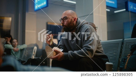 Airport Terminal: Man Eating Fast Food Sitting in Departure Lounge of Airline Hub 125898305