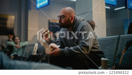 Airport Terminal: Man Eating Fast Food Sitting in Departure Lounge of Airline Hub 125898322