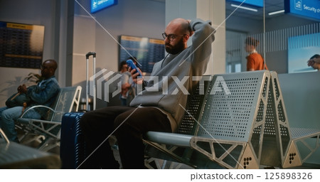 Airport Terminal: Man with Suitcase Sitting in Departure Lounge After Security Check, Using Phone Airport Terminal: Man with Suitcase Sitting in Departure Lounge After Security Check, Using Phone 125898326
