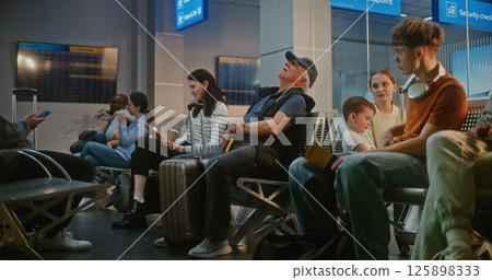Crowded International Airport Terminal: Diverse People and Passengers Waiting for Delayed Flight 125898333