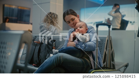 Crowded Airport Terminal: Adult Woman Feeding Infant Holding in Arms and Waiting for Airplane Flight 125898415