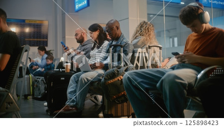 Airport Terminal: Diverse People Sitting and Waiting for Airplane Flight, Using Phones Airport Terminal: Diverse People Sitting and Waiting for Airplane Flight, Using Phones 125898423