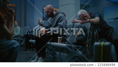 Man Eating Burger and Drinking Coffee Sitting in Departure Lounge of Airline Hub at Night Man Eating Burger and Drinking Coffee Sitting in Departure Lounge of Airline Hub at Night 125898499