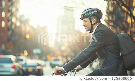A businessman in a suit commuting by bicycle A businessman in a suit commuting by bicycle 125898600