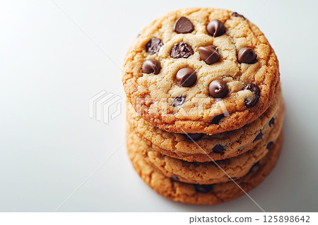 Simple and appetizing shot of stacked chocolate chip cookies, ideal for promoting sweet treats, bakery products, or baking supplies. 125898642