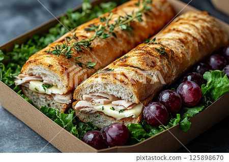 Lunch with a baguette sandwich, brie cheese and grapes. Parisian style lunch box. 125898670