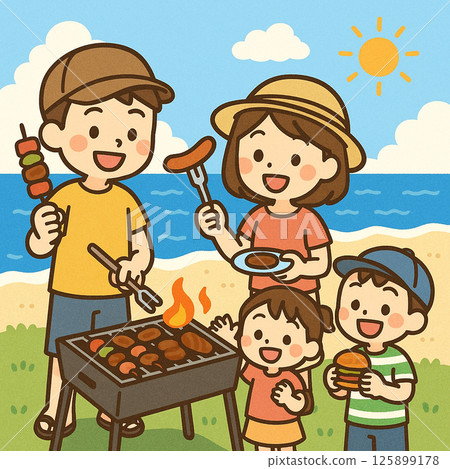 一家人在海灘燒烤 125899178