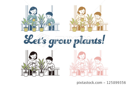 一家人給植物澆水的插圖 125899356