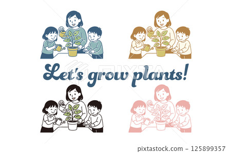 一家人給植物澆水的插圖 一家人給植物澆水的插圖 125899357