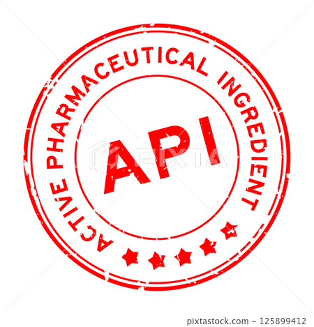 Grunge red API Active Pharmaceutical Ingredient word round rubber seal stamp on white background 125899412