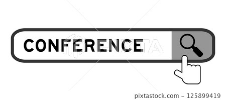 Search banner in word conference with hand over magnifier icon on white background 125899419