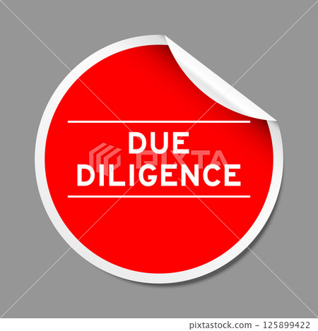 Red color peel sticker label with word due diligence on gray background 125899422