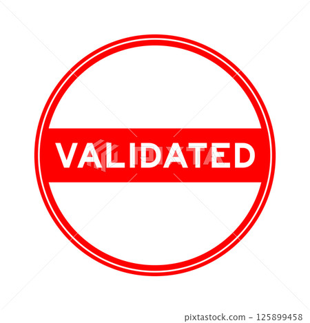 Red color round seal sticker in word validated on white background 125899458
