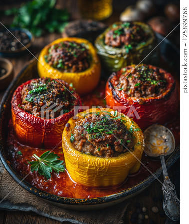 Delicious stuffed bell peppers with savory filling on a rustic kitchen table 125899768
