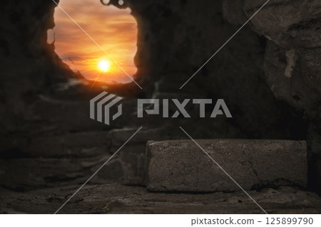 Easter resurrection concept. Jesus Christ resurrection. Empty tomb of Jesus with light. Born to Die, Rise. savior messiah redeemer gospel alive miracle. Christian religion. He is not here he is risen 125899790