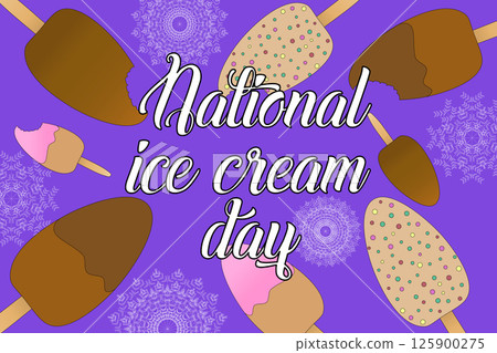 Summer vector illustration featuring several popsicle on wooden sticks, and snowflakes on purple background. National Ice Cream Day inscription. Ideal for summertime, dessert, and celebration design. Summer vector illustration featuring several popsicle on wooden sticks, and snowflakes on purple background. National Ice Cream Day inscription. Ideal for summertime, dessert, and celebration design. 125900275