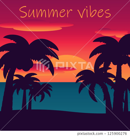 Summer vector illustration featuring silhouettes of tropical coconut palms on a gradient background of sunset. Palm tree with coconuts in evening tropics. The sun is setting over the water horizon. 125900276
