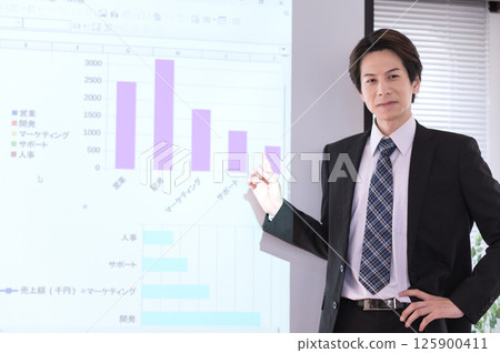 一位身穿西裝的年輕人在螢幕前做演講 125900411