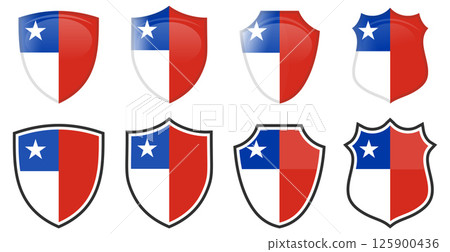 Vertical Chile flag in shield shape, four 3d and simple versions. Chilean icon / sign 125900436