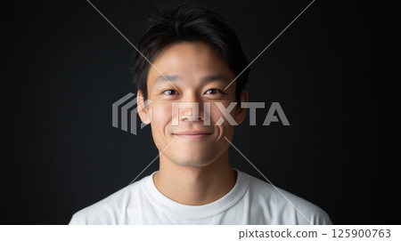 The friendly expression of a young man in a white T-shirt standing out against a black background | Composition with striking contrast The friendly expression of a young man in a white T-shirt standing out against a black background | Composition with striking contrast 125900763