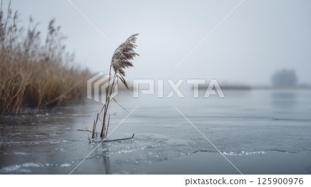 Lone Reed in Frozen Landscape on a Calm Winter Day 125900976