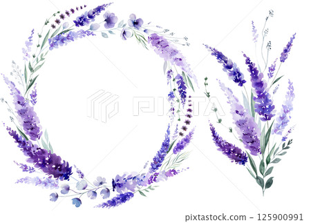 Frame and bouquet made of watercolor lavender flowers. Purple wedding isolated illustration 125900991