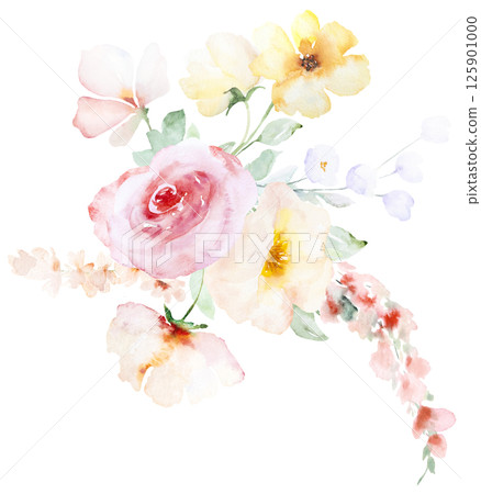 Bouquet with Watercolor pink and yellow flowers and leaves, pastel wedding isolated illustration 125901000