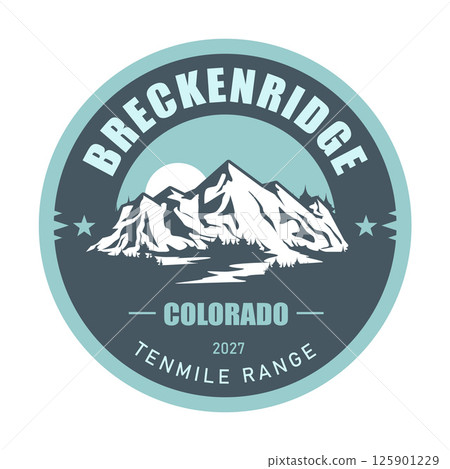 Breckenridge, Colorado ski resort emblem with snow covered mountains, Tenmile range, vector 125901229