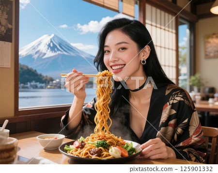 A model eating yakisoba noodles while admiring the spectacular view of Mt. Fuji 125901332