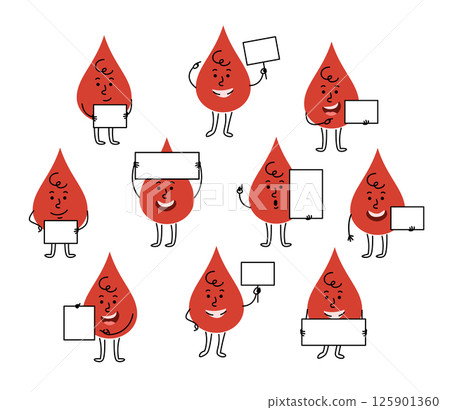 Set of cute hand drawn blood drop character with various expressions and body postures holding blank banners. Cartoon doodle style mascot for donation, healthcare, educational and medical promotions Set of cute hand drawn blood drop character with various expressions and body postures holding blank banners. Cartoon doodle style mascot for donation, healthcare, educational and medical promotions 125901360