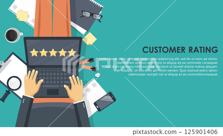 Concept of feedback, testimonials messages and notifications. Rating on customer service illustration. Man sitting on the floor and holding lap top in his lap while giving his five star rating. Vector Concept of feedback, testimonials messages and notifications. Rating on customer service illustration. Man sitting on the floor and holding lap top in his lap while giving his five star rating. Vector 125901406