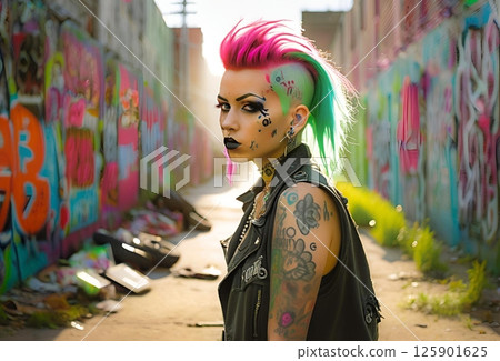 一位龐克風格的女子站在佈滿塗鴉的小巷裡 125901625