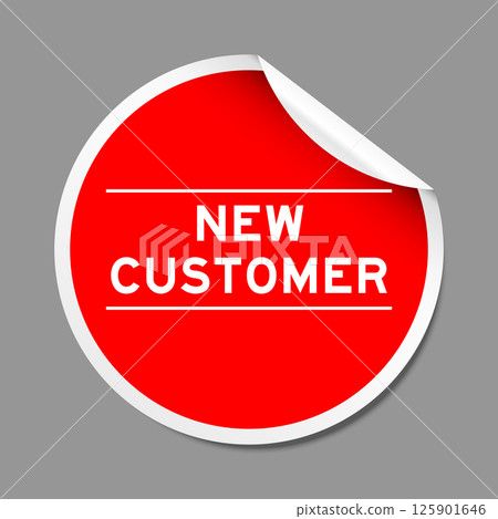 Red color peel sticker label with word new customer on gray background 125901646