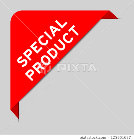 Red color of corner label banner with word special product on gray background 125901657
