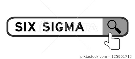 Search banner in word six sigma with hand over magnifier icon on white background Search banner in word six sigma with hand over magnifier icon on white background 125901713
