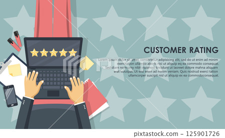 Concept of feedback, testimonials messages and notifications. Rating on customer service illustration. Man sitting on the floor and holding lap top in his lap while giving his five star rating. Vector Concept of feedback, testimonials messages and notifications. Rating on customer service illustration. Man sitting on the floor and holding lap top in his lap while giving his five star rating. Vector 125901726