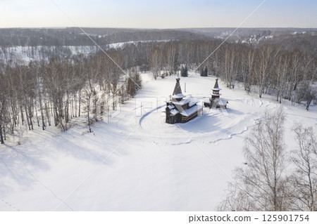 Aerial view of Spaso-Zashiverskaya Church built in 1600 in Siberia, Russia, in winter 125901754
