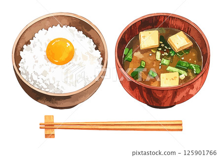Watercolor illustration set of white rice, miso soup, and chopsticks AI generation 125901766