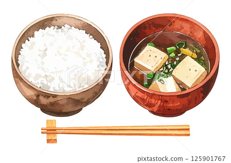 白飯、味噌湯和筷子的水彩插圖集AI生成 125901767