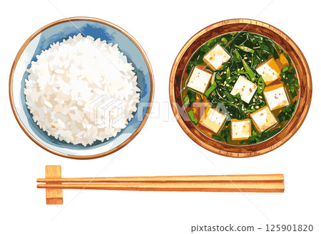 白飯、味噌湯、筷子水彩插畫集AI生成 白飯、味噌湯、筷子水彩插畫集AI生成 125901820