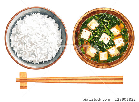 White rice, miso soup, chopsticks watercolor illustration set AI generation 125901822