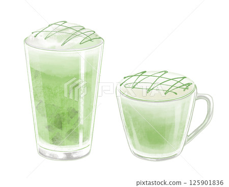 Illustration of iced and hot matcha latte in glasses and glass mugs Illustration of iced and hot matcha latte in glasses and glass mugs 125901836