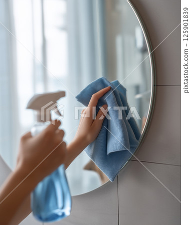Person Cleaning Bathroom Mirror with Spray Bottle and Cloth in Modern Bright Interior 125901839