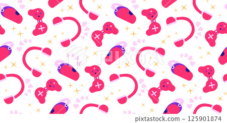 Gamer girl concept design seamless pattern with pink color joystick, headset and virtual reality glasses, vector illustration 125901874
