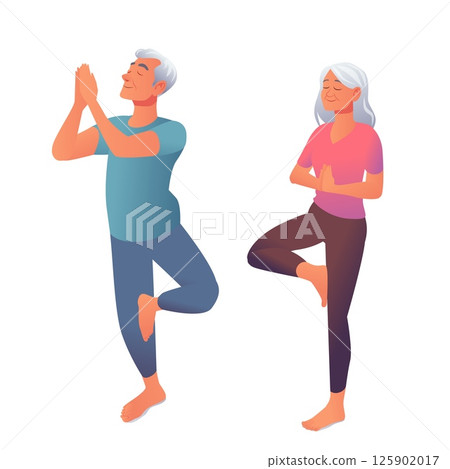 Senior couple doing yoga tree pose with calm expressions barefoot elderly man and woman practicing balance and mindfulness exercises together isolated on white background 125902017