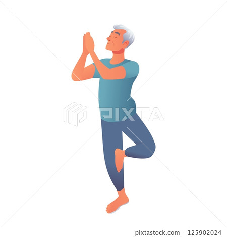 Senior man doing yoga tree pose with closed eyes and peaceful expression barefoot elderly male practicing balance exercise in comfortable clothes isolated on white background 125902024